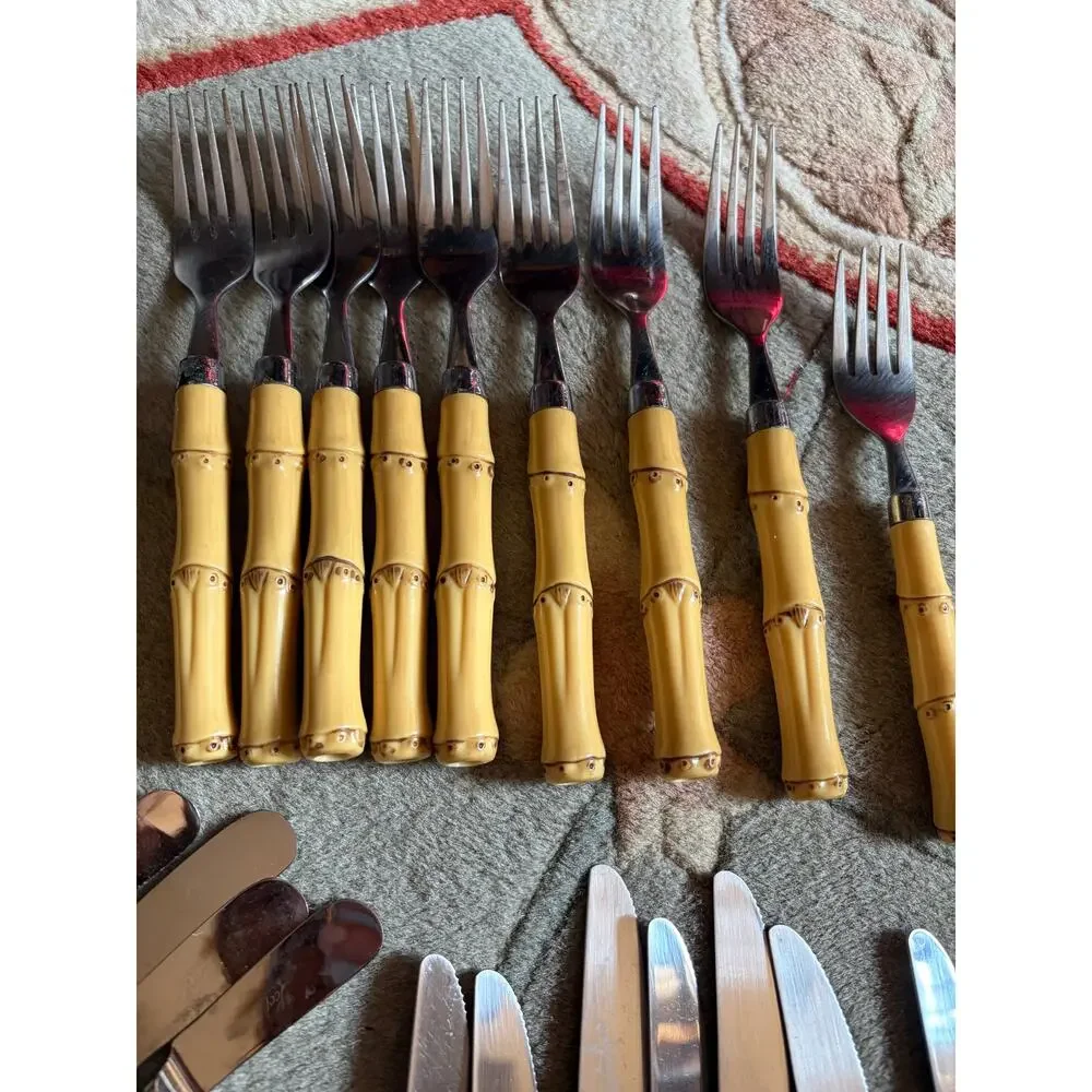 28 Mixed Pc Faux Bamboo Handle Flatware Mixed Lot Yellow Stainless China Tiki